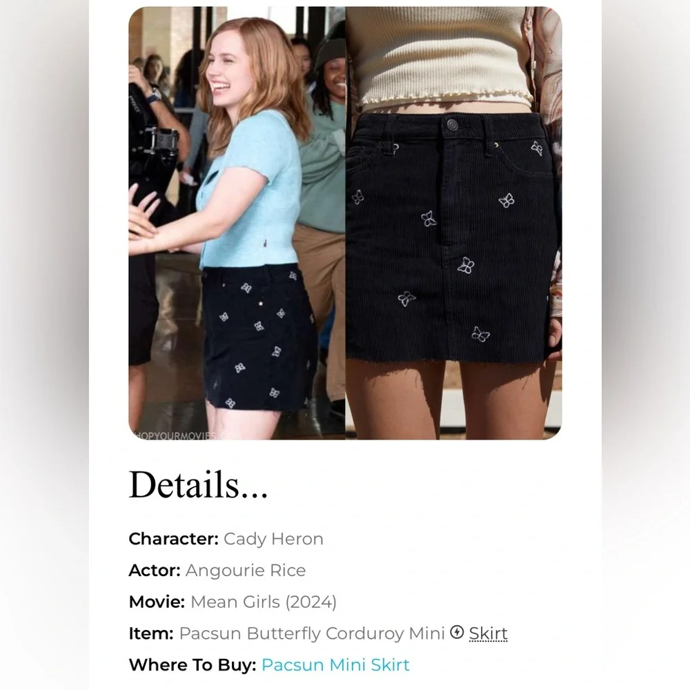 Pacsun Butterfly Corduroy Mini Skirt embroidered sz 24 Black Raw Edge Y2K retro